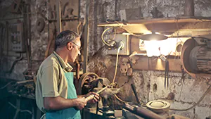 Mann bastelt an einer L ampe Mann bastelt an einer L ampe