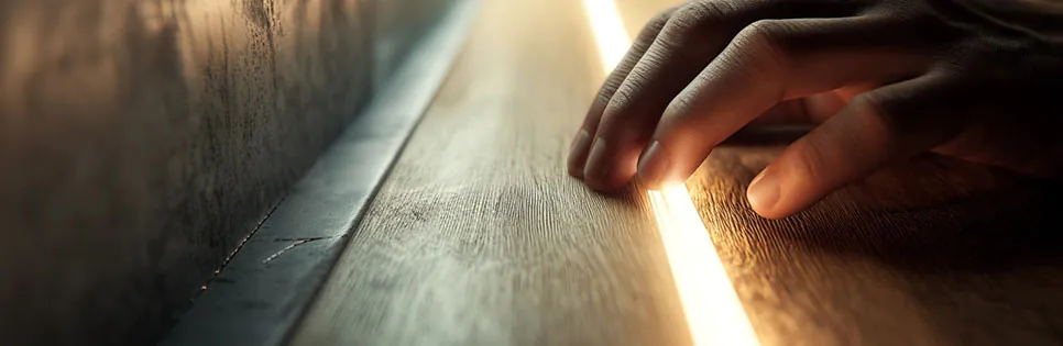 Mann befestigt LED-Streifen auf einer Holz-Oberfläche